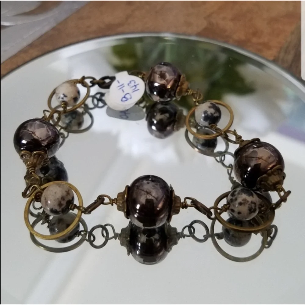 Genuine Dalmatian Jasper Gemstone & Ceramic Beads Brass Mixed Media Bracelet NEW